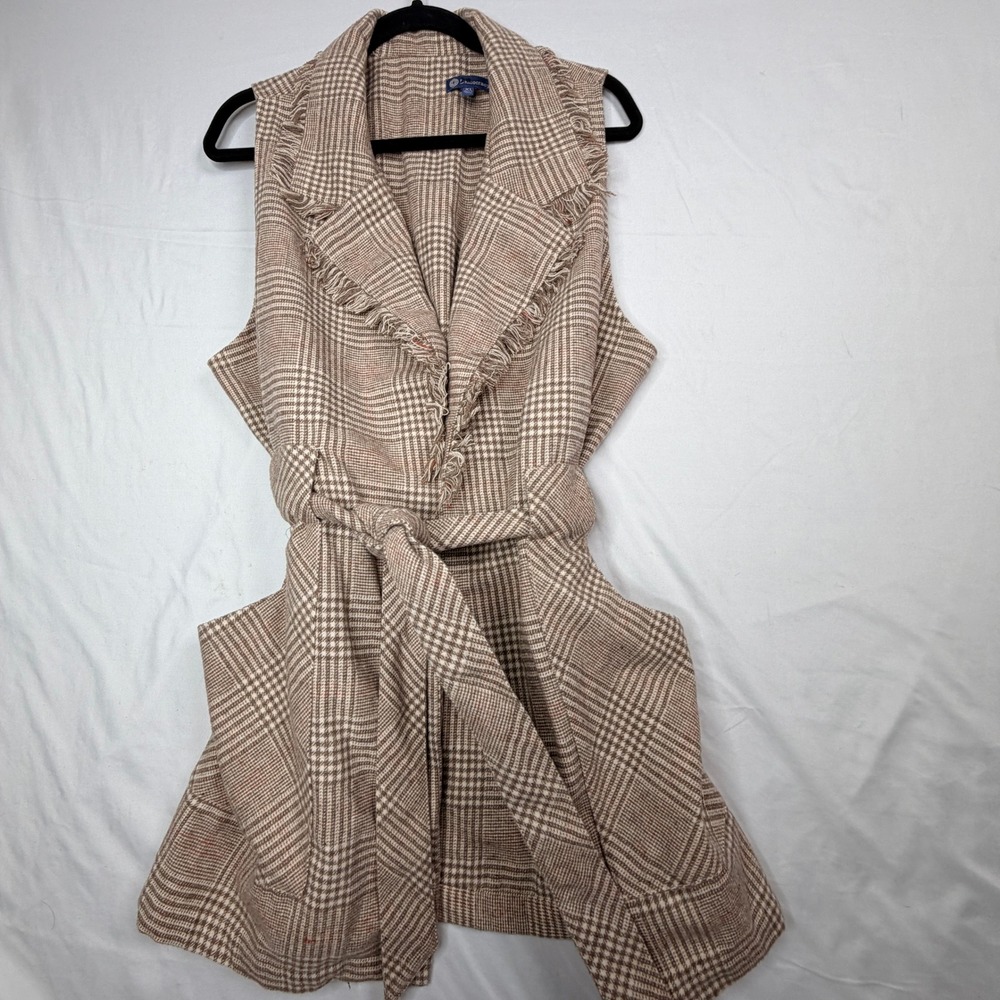 Democracy Womens XL Plaid Fringed Wrap Vest Brown Tan Belted Sleeveless Jacket